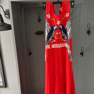Farm Rio Red Wide Leg Jumpsuit with Parrot Graphic